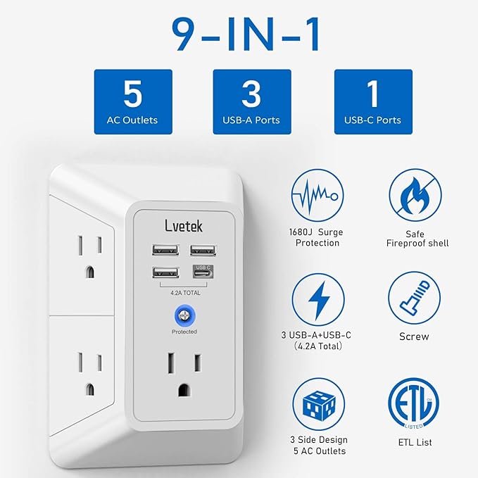 5 Outlet Extender Multi Plug Wall Outlets with 4 USB Charging Ports (1 USB C Outlet), 3 Sided 1680J Surge Protector Power Strip USB Wall Charger for Home, Office, Travel, ETL Listed, White