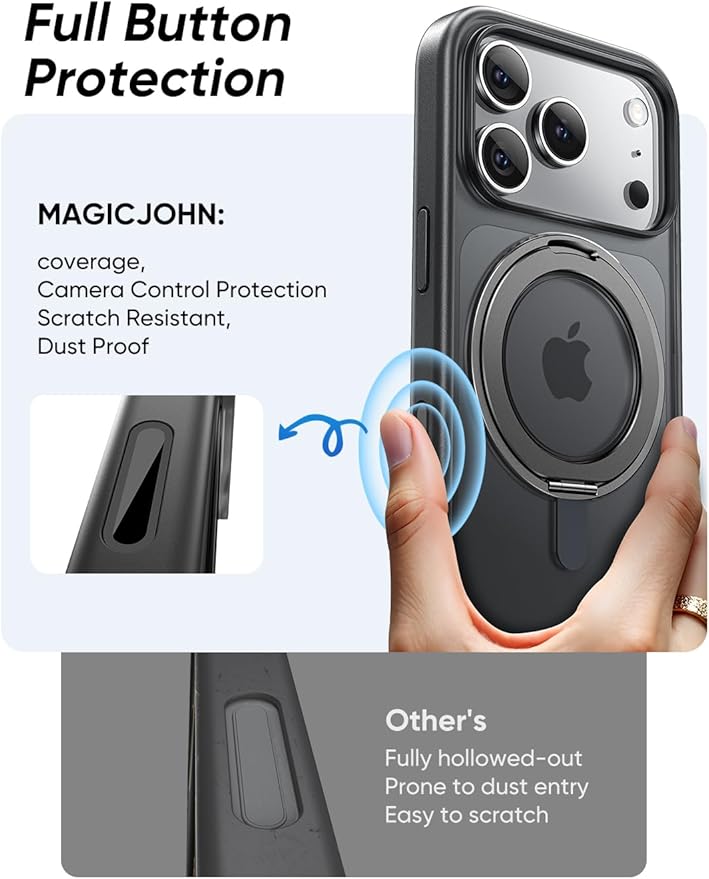 MAGIC JOHN 360° Rotatable Magnetic Invisible Stand for iPhone 17 Pro Case [Camera Control Button] [Compatible with MagSafe] 16FT Shockproof for iPhone 17 Pro Case with Kickstand, Black