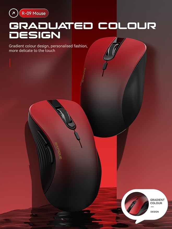 RAPIQUE Bluetooth Wireless Mouse - Dual Bluetooth & 2.4 GHz USB Receiver, Comfortable Grip, Quiet Clicks, Low Power - Multi-Device Compatibility for Laptop, Computer, iPad, MacBook (Gradient Red)