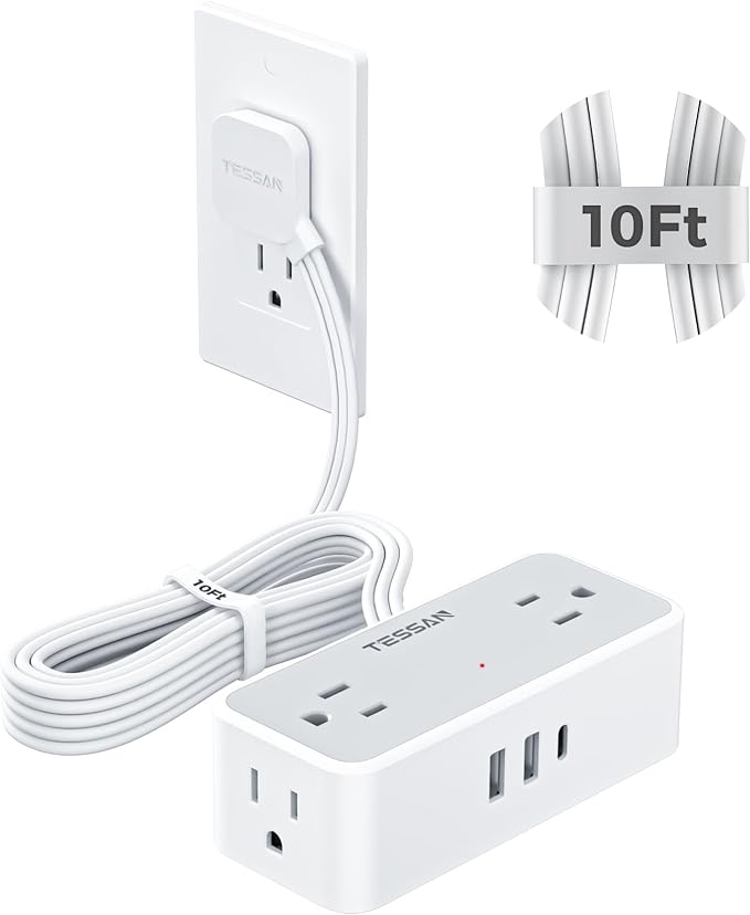 TESSAN Flat Plug Extension Cord 10 FT, Surge Protector Power Strip with 4 AC Outlets 1 USB C and 2 USB A Ports, 900 Joules Protection, Multiple Wall Outlet Extender Suitable for Office Dorm, Grey