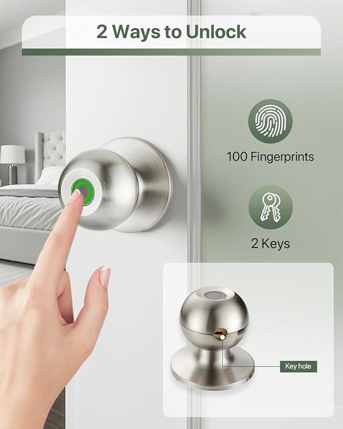 Fingerprint Door Knob, Biometric Door Lock with Auto Lock, Passage Mode, Rechargeable Battery, Thumbprint Entry Door Knob for Bedroom, Office, Apartment & Front Door