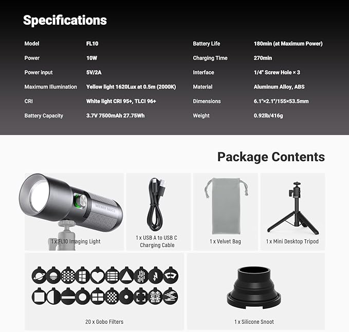 NEEWER BASICS RGB Photography Flashlight with Desk Tripod Stand/4 Colors/20 Gobo Filters/7500mAh, 10W 6300K CRI95+ Portable LED Spotlight Ambient Sunset Light for Video Recording Studio Lighting, FL10