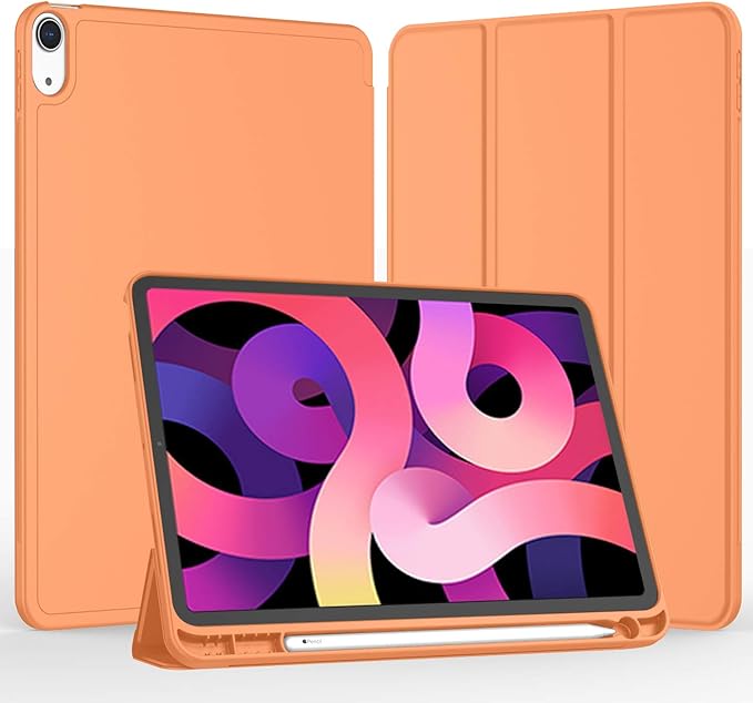 iMieet iPad Air 11 Inch Case M4/M3/M2(2026/2025/2024), iPad Air 5th/4th Generation Case 2022/2020 10.9 Inch with Pencil Holder,Trifold Stand Smart Case with Soft TPU Back(Orange)