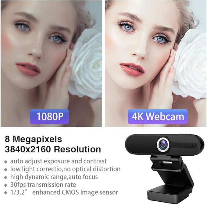4K Webcam with Microphone and Tripod, USB Web Camera for PC and Laptop, 8MP Widescreen for Video Calling, Recording, Streaming and Conference