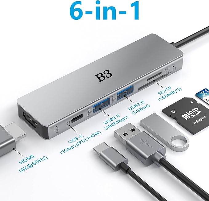 USB C Hub 6-in-1 Multi-Port Adapter with 4K@60Hz HDMI, 100W PD, 2 USB A Data Ports, and SD/TF Card Reader – Aluminum Type-C Hub for MacBook Air/Pro M1/M2, iPhone 17 Pro Max, Surface Go, XPS, iPad