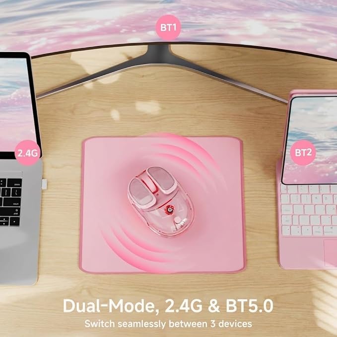 SEUNKWANG EWEADN Q9 Wireless Clear Mouse Dual Mode Bluetooth & 2.4G USB Computer Mouse with RGB Lighting, Silent Clicks, Multi-Device Compatibility for Laptop, PC, MacBook, iPad Cute Mouse-Pink