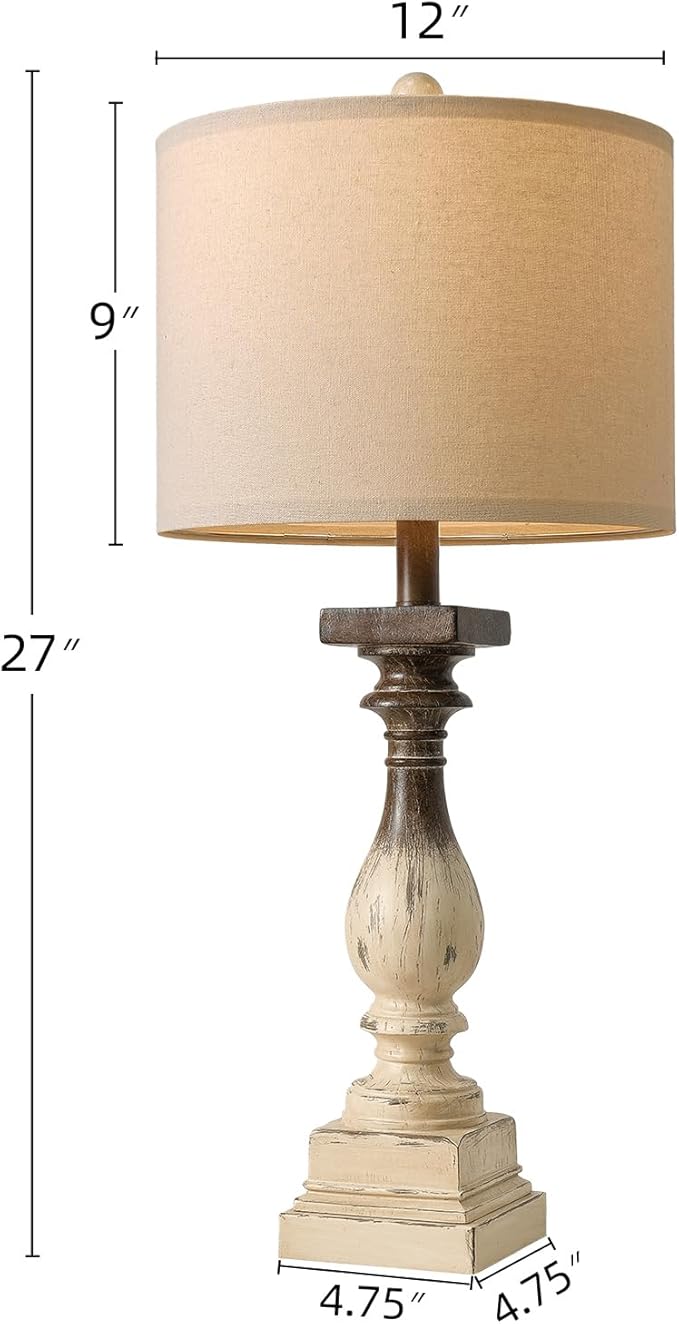 BOBOMOMO 27" Farmhouse Table Lamps with USB-A +C Ports, Vintage Rustic Side Table Lamps Set of 2, Linen Shade, Retro Bedside Night Stand Lamps for Living Room, Bedroom (Blubs not Included)