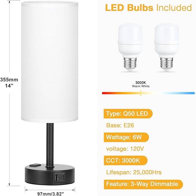 PartageiZ White Bedroom Lamps Set of 2-3 Way Dimmable Touch Table Lamps with USB C and A Ports, Bedside Lamps for Nightstand with AC Outlet, Small Desk Lamps with Black Base for Office Hotel