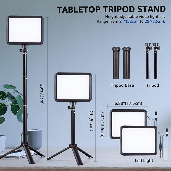 NiceVeedi LED Photography Lighting Kit, 2-Pack 8” Portable Video Light with 29" Adjustable Tripod Stand, 2800K-6500K Dimmable Softlight Studio Light for Zoom, Game Streaming, YouTube