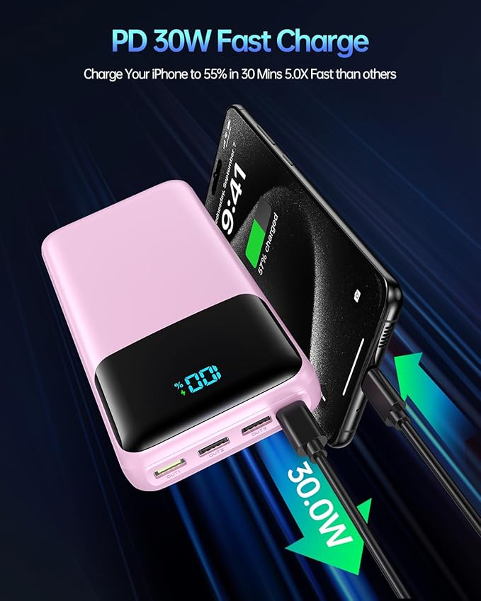 Portable Charger 50000mAh Power Bank, High Capacity External Battery Pack for Camping, USB-C PD 30W Fast Charging Portable Phone Charger for iPhone 17/16/15/14/13/12/11 Samsung Android (Pink)