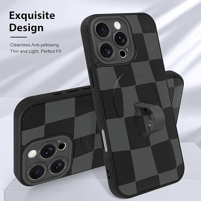 KANGHAR Compatible with iPhone 16 Pro Case, Support for MagSafe, Silicone Checkered Cute Pattern, Wristband Kickstand Camera Protection Soft Slim Cover for Girls Women -Black