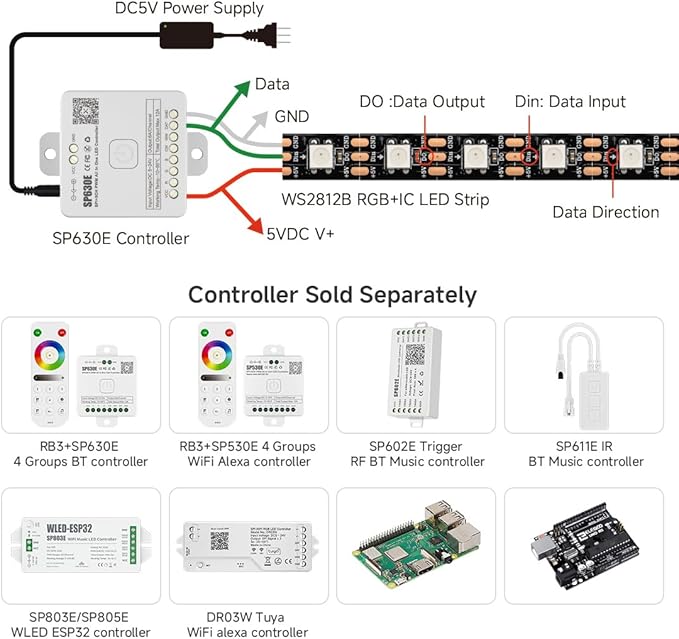 BTF-LIGHTING WS2812B IC RGB LED Strip,UL Listed,Pure Gold Wires,DC5V 16.4FT 150LED 5050SMD,Individually Addressable,Flexible for DIY Chasing Full Color Project,3M Tape,IP65(No Adapter or Controller)