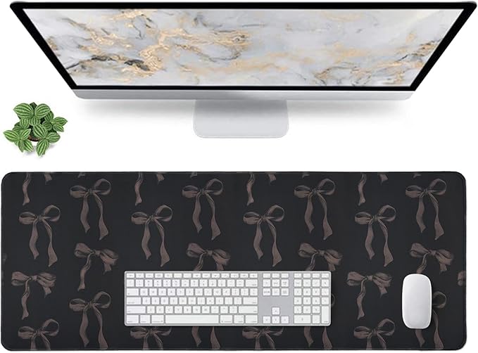 Black Desk Mat Bows, Cute Bow Mouse Pad Desk Matt for Desktop, 31.5 x 11.8” Extra Large Black Laptop Keyboard Computer Mat, Non-Slip Base, Stitched Edge, Girly Office Décor Desk Accessories for Women