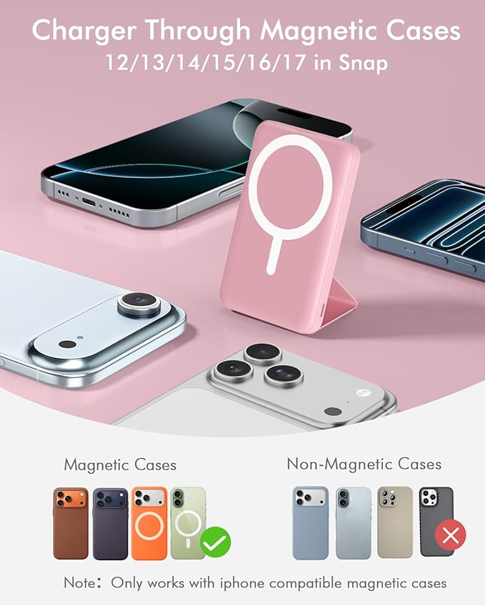 podoru for Magsafe Battery Pack, Foldable 10000mAh Magnetic Power Bank with USB-C Cable LED Display 22.5W PD Fast Charging Wireless Portable Charger for iPhone 17/16/15/14/13/12 Series-Pink