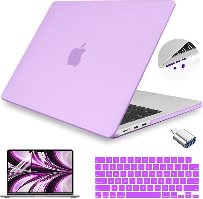 Teryeefi Compatible with MacBook Air 13.6 inch M2 M3 M4 M5 Case 2022-20252026 Model A2681/A3113/A3240/A3449, Laptop Hard Shell Case & Keyboard Cover & USB 3.0 Adapter, Frosted Purple