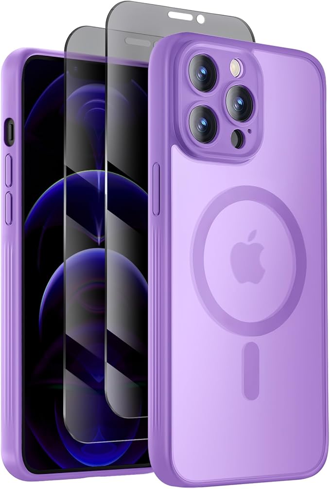 Symcele Designed for iPhone 12 Pro Max Case, Compatible with MagSafe, with Privacy Screen Protectors X2, [Camera Protection] [15FT Military Drop Protection] Shockproof Phone Case, 6.7", Light Purple