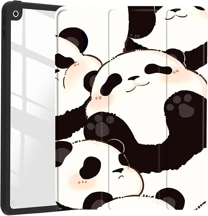 JOYLAND Lovely Pandas Pattern Case for iPad Pro 12.9" 6th/5th/4th/3rd Generation (2022/2021/2020/2018), Clear Transparent Acrylic Hard Back Black Case with Pencil Holder Trifold Stand Tablet Cover