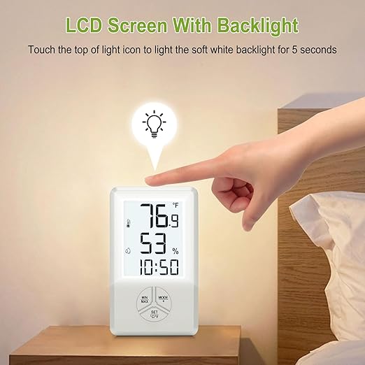 Urageuxy Digital Hygrometer Indoor Thermometer with Min Max Records, Humidity Gauge with Clock for Room, Home, Bedroom, Office, Greenhouse, Cellar