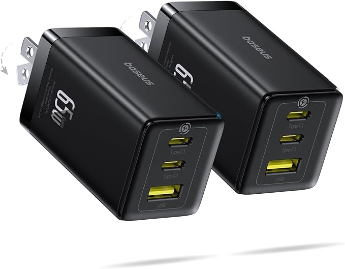 Baseus 2 Pack 65W USB C Charger Block, PPS 3-Port Fast Compact Foldable USB C Charger for MacBook, iPad Pro, Galaxy S24, iPhone 17/16 and More Series