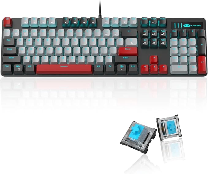 MageGee Mechanical Gaming Keyboard, New Upgraded 104 Keys Blue Backlit Keyboards with Blue Switches, USB Wired Mechanical Computer Keyboard for Laptop, Desktop, PC Gamers(Black & Gray)