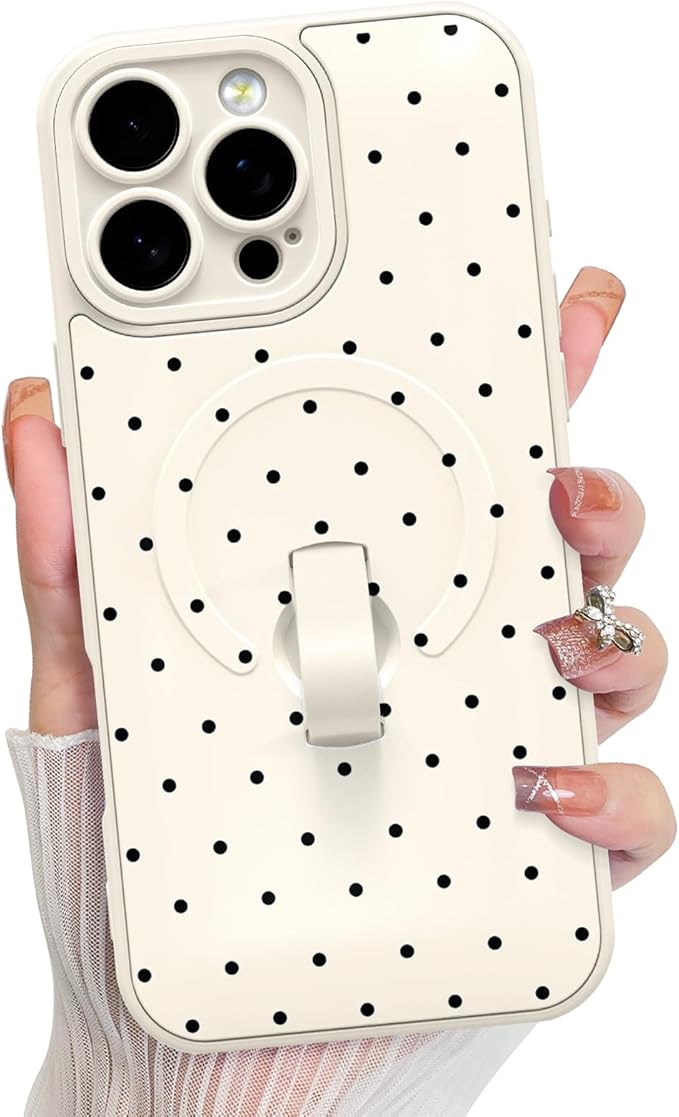 KANGHAR Compatible with iPhone 16 Pro Max Case, Support for MagSafe, Silicone Spot Cute Pattern, Wristband Kickstand Camera Protection Soft Slim Cover for Girls Women -White