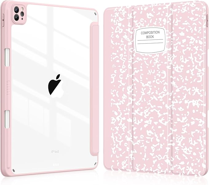Soke Case for iPad Pro 12.9 Inch (6th/5th/4th/3rd Generation, 2022/2021/2020/2018) - Pencil Holder + Auto Sleep/Wake + Camera Protection, Transparent Shockproof Back Cover, Book Pink