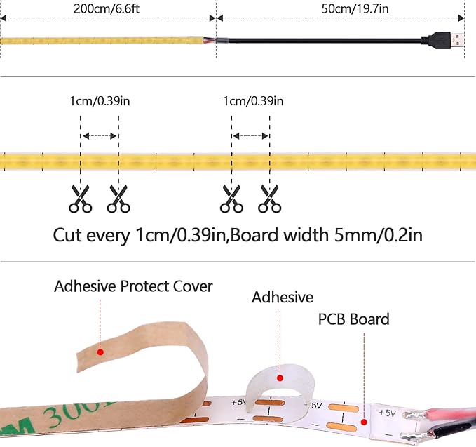 GOMING 5V COB USB LED Strip Light Cool White 6000K 5mm Width USB Powered 13.12ft/4M 400LEDs/M Flexible High Brightness IP20 Not Waterproof LED Tape Lights for DIY Decoration Lighting(2pcs x 6.6ft)