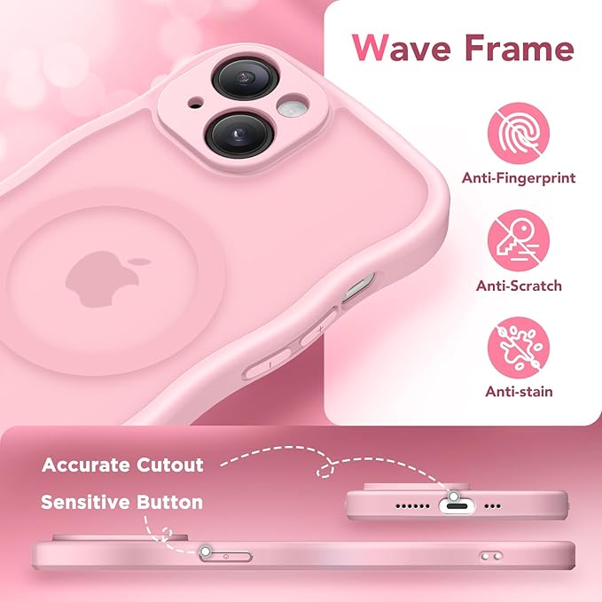 CAPRARO Cute for iPhone 15 Plus Case, Compatible with MagSafe, [Curly Wave Edge] [Full Camera Protection] [14 FT Drop Protection] Magnetic Phone Case for 15 Plus 6.7 Inch, Peach Pink