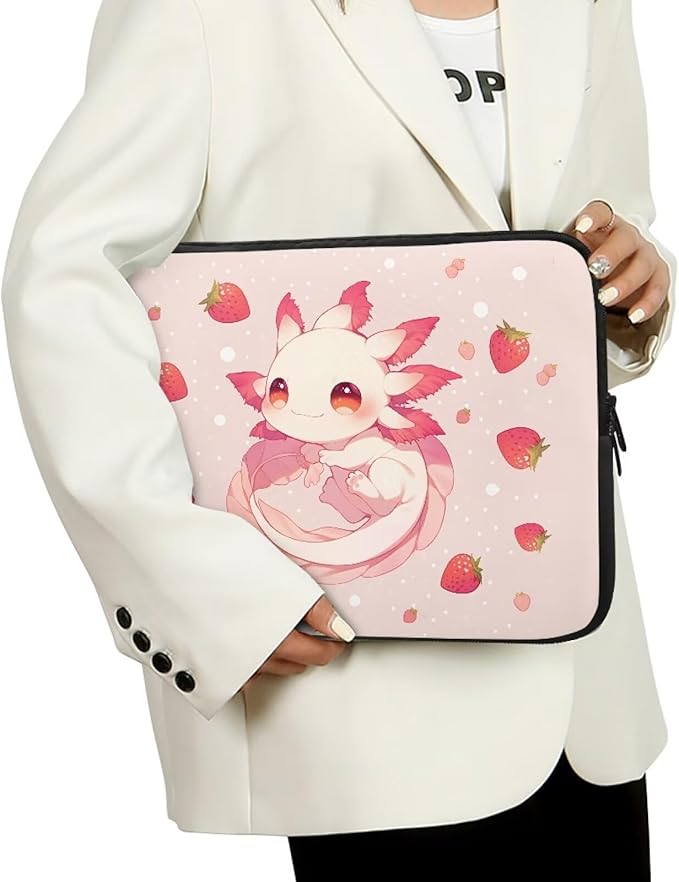 Cute Axolotl Laptop Sleeve Women Strawberry Lap Top Case for Teen Girls 17inch Computer Sleeve Slim Laptop Protector with Multiple Uses Laptop Carrying Case Pink Briefcase