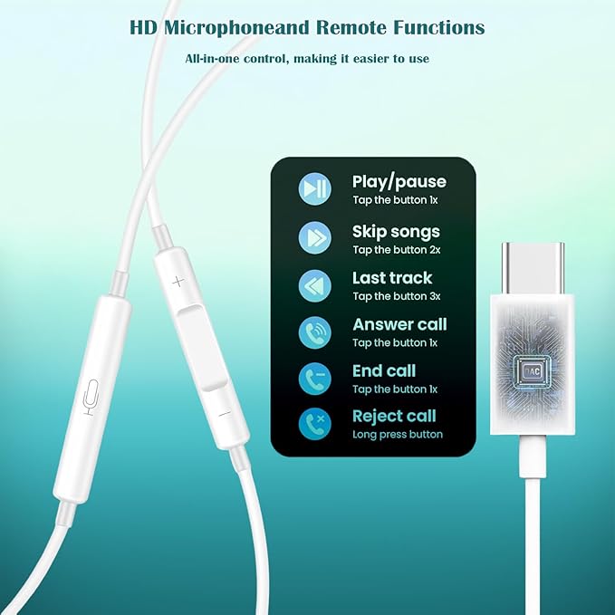 USB C Headphones for iPhone 15 16, Wired Earbuds Type C with Mic & Volume Control, In-Ear Earphones Wired USBC Ear Buds Compatible with iPhone 16/15 Pro/Pad/S25 S24 S23 S22/Pixel 7 8 9 Corded Headsets