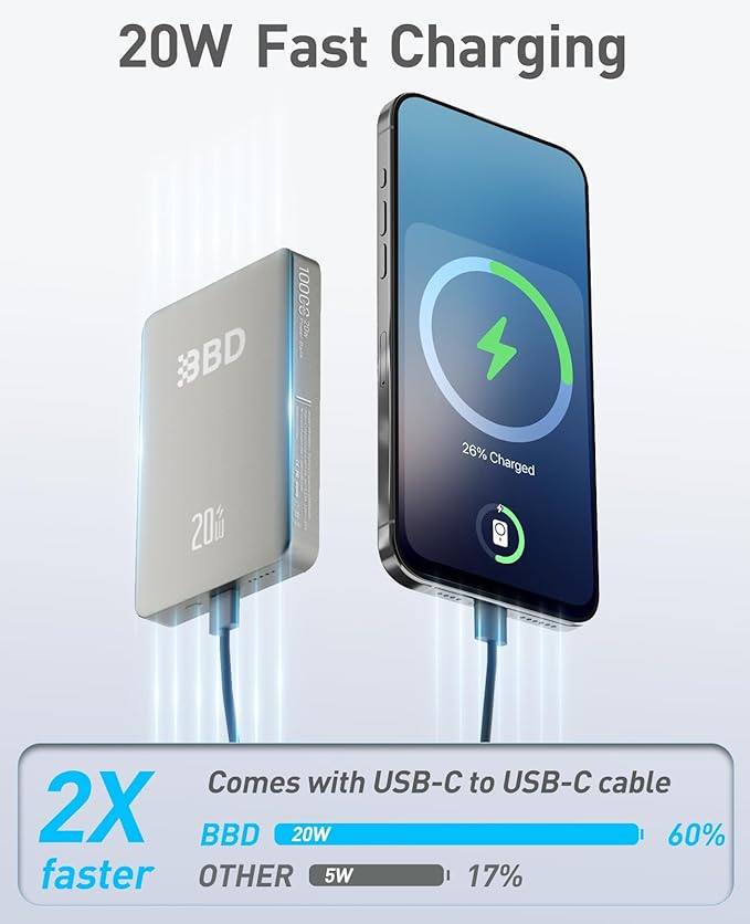 BBD 10000mAh Magsafe Portable Charger,Magnetic Power Bank Fast Charging PD 20w with USB C Cable,Slim Magsafe Battery Pack Travel Essential,Wireless Power Bank for iPhone 17/16/15/14/13/12 Series-Grey
