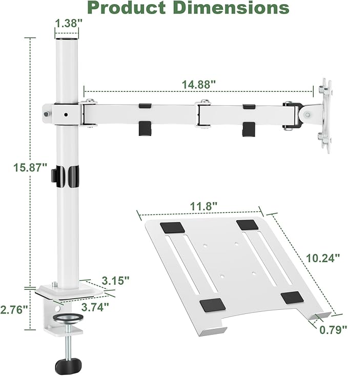 UPGRAVITY White Laptop Desk Mount with Vented Tray for Notebook up to 17 inch, Fully Adjustable Single Laptop Arm Stand Holds up to 17.6 lbs, Clamp on/Grommet Mounting
