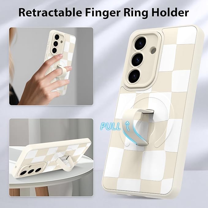 KANGHAR Compatible with Samsung Galaxy S26 Case, Support for MagSafe, Silicone Checkered Cute Pattern, Wristband Kickstand Camera Protection Soft Slim Cover for Girls Women -White