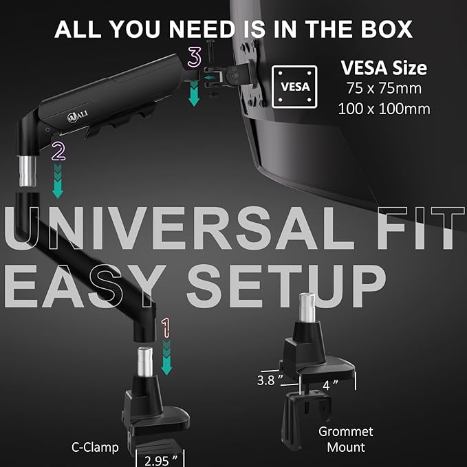 WALI Heavy Duty Single Monitor Arm for 17-49 Inch Flat Curved Ultrawide Screens, up to 33 Lbs, Adjustable Single Monitor Desk Mount for Home Office Gaming, VESA 75/100mm (GSM001XLN), Black