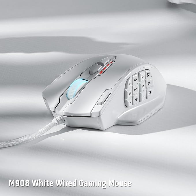 Redragon M908 Impact RGB LED MMO Gaming Mouse with 12 Side Buttons, Optical Wired Ergonomic Mouse with Max 12,400DPI, High Precision, 18 Programmable Macro Shortcuts, Comfort Grip, White