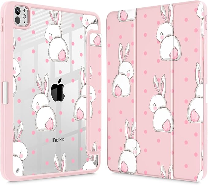 May Chen Case for iPad Pro 11-Inch M5/M4 2025/2024 (6th/5th Generation), [Penceil Holder] Trifold Stand Auto Wake/Sleep Clear TPU Protection Back Cover, Cute Rabbit