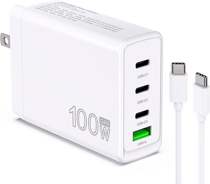 100W USB C Charger Block 4 Port Type C Charging GaN USB C Charger Compatible with MacBook Pro/Air iPad iPhone16/15/14/13 Pro Max Lenovo Hp Dell Asus Acer Galaxy S24/S23 Fast Wall Power Adapter
