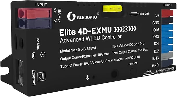 GLEDOPTO Elite 4 Channel ESP32 WLED LED Strip Light Controller Ethernet WiFi Dual Control Sound Reactive UART Energy Save Relay 20A Pluggable Fuse Level Shifter WS2811/12 SK6812 WS2815 Addressable LED