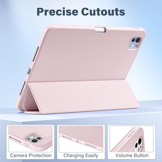 Akkerds for iPad Pro 11 Inch Case (M5/M4) 2025/2024 6th/5th Generation with Pencil Holder, for iPad Pro Case 11 Inch with Trifold Stand Protective Cover/Soft TPU Back, Auto Wake/Sleep, Pink
