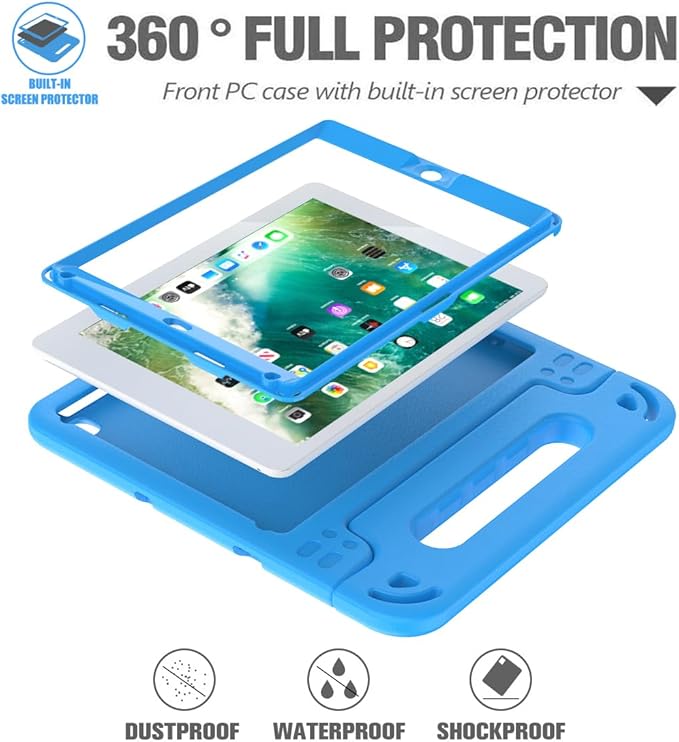 AVAWO Kids Case for iPad 9.7 inch (2018/2017 Model) 6th/5th Generation, iPad Air 2 Cover with Built-in Screen Protector, Durable Lightweight Shockproof Handle Stand for Toddlers, Blue