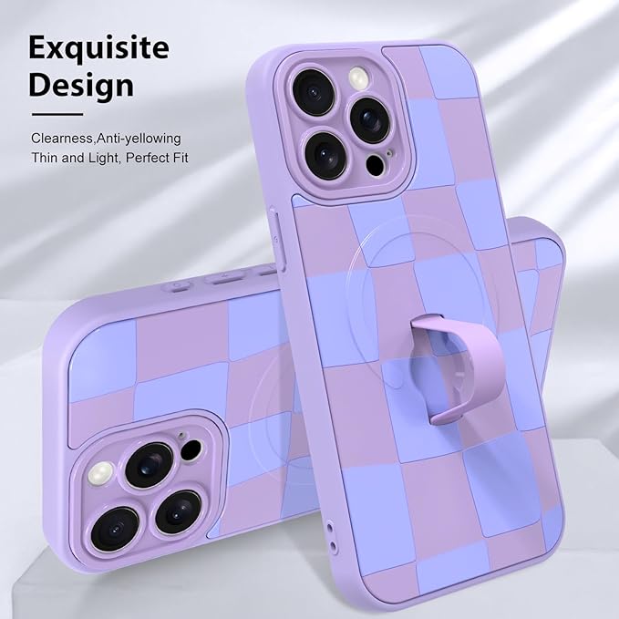 KANGHAR Compatible with iPhone 15 Pro Max Case, Support for MagSafe, Silicone Checkered Cute Pattern, Wristband Kickstand Camera Protection Soft Slim Cover for Girls Women -Purple
