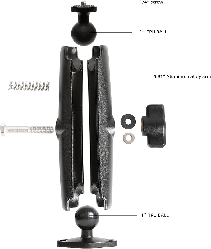 xik Heavy Duty 1/4"-20 Thread Mount: 5.91 inch Aluminum Long Arm with Double Ball Head & 1" Ball- Rhombic Base - Fits DSLR Camera, CCTV, Action Cam, Projector, Security Camera (Wall/Desk/Car/Boat)