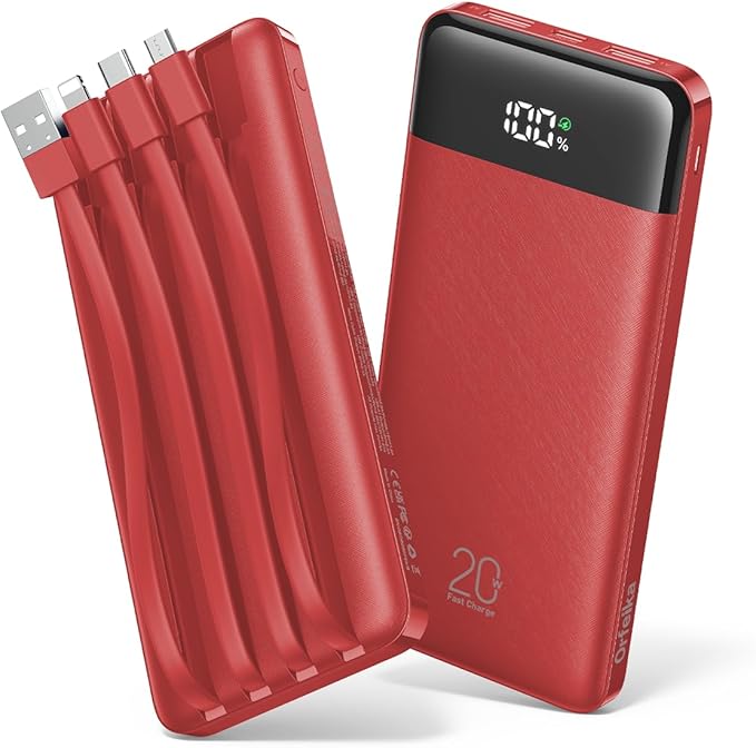 Orfeika 20000mAh Power Bank Fast Charging, Portable Charger with 4 Built-in Cables & 6 Outputs, 20W PD USB C Battery Pack Compatible with iPhone 16/15, Galaxy, Android, iPad & More (Travel Essential)
