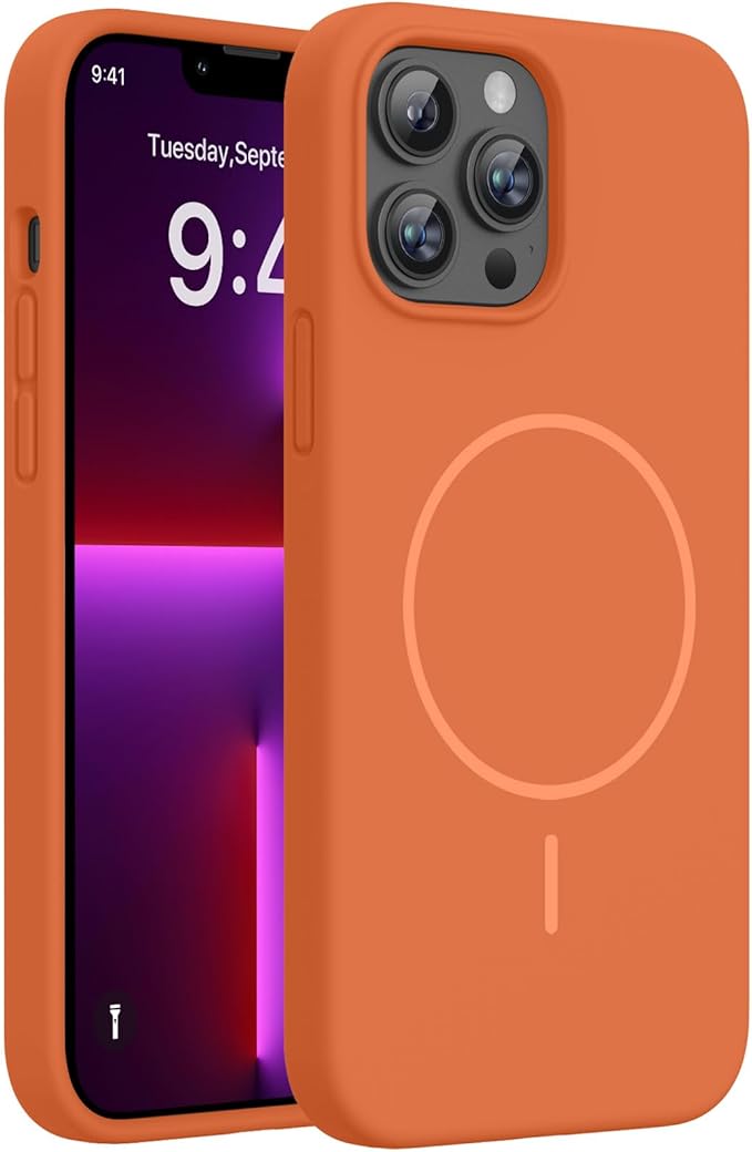 Miracase Magnetic for iPhone 13 Pro Max Case, [Soft Anti-Scratch Microfiber Lining], Compatible with MagSafe, Liquid Silicone Shockproof Drop Protection Phone Case for 13 Pro Max, Orange