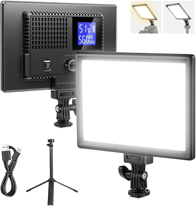 NEEWER Basics 9" LED Light Panel, 3200-5600K Edge Lit Dimmable Camera Soft Key Lighting with Desk Tripod Stand, CRI95+ 800Lux 4000mAh Rechargeable for Photography Video Recording Streaming, NL-120B