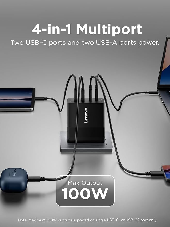 Lenovo 100W USB C Charger, 4-Port Multi-Device Fast Charging, Black GaN Power Block with 240W Cable, for Thinkpad, MacBook, Dell XPS, iPhone, Samsung