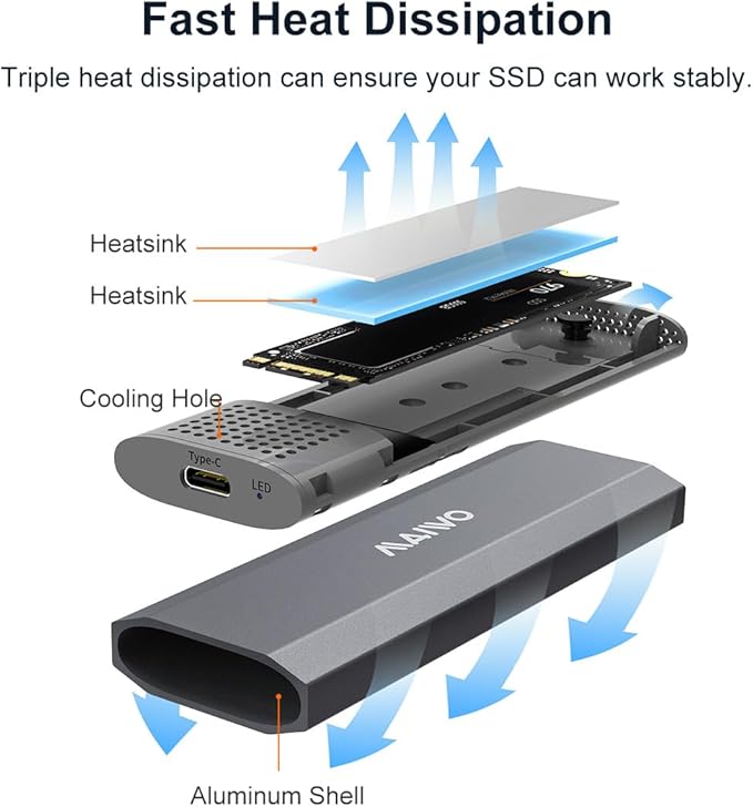 MAIWO M.2 NVMe SSD Enclosure, USB 3.1 Gen 2 USB-C (10 Gbps) External Aluminum NVMe Reader for 2230/2242/2260/2280 M-Key SSD up to 8TB, UASP Supported, Tool Free