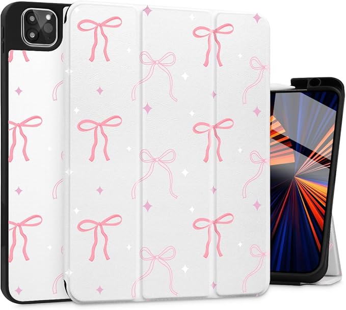 Tuiklo for iPad Pro 12.9 inch 6th / 5th / 4th / 3rd Generation 2022 2021 2020 2018 Release Case- Built in Pencil Holder Slim Protective Cover with Auto Wake/Sleep, Pink White Bows