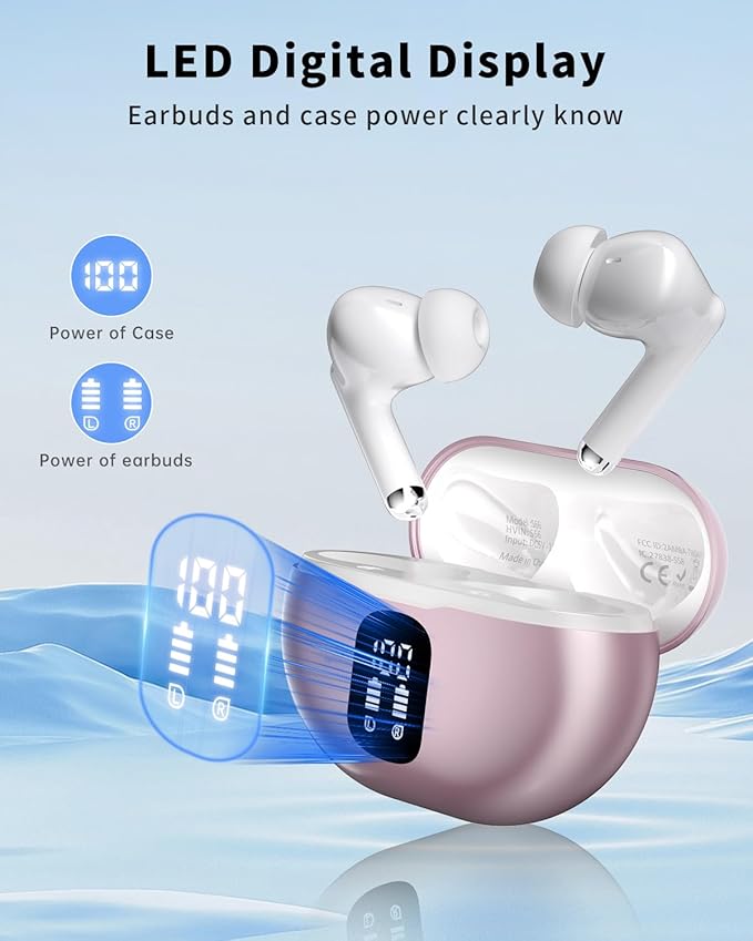 Wireless Earbuds, Bluetooth 5.4 Headphones with 50H Playback, Deep Bass Stereo Ear Buds Clear Calls with LED Power Display, IPX7 Waterproof, in-Ear Earphones with Mic for Phone/Android/iPad, Rose Gold