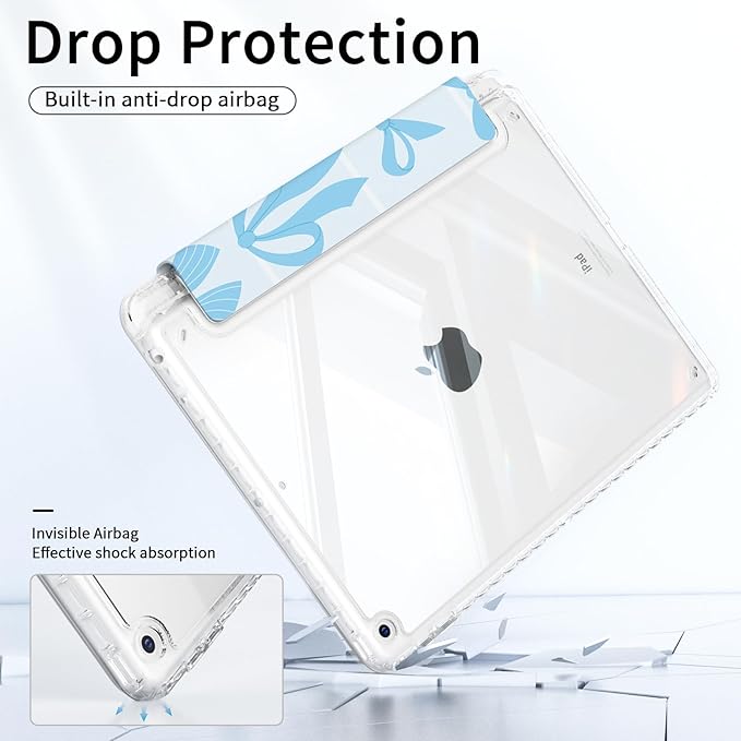 Case for iPad 9th/8th/7th Generation 2021/2020/2019, iPad 10.2 Inch Case with Pencil Holder, Trifold Stand Slim Shockproof Clear Back Cover, Auto Wake/Sleep, Blue Bows